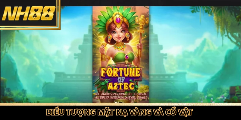 Biểu tượng mặt nạ vàng và cổ vật xuất hiện trong vòng quay của nổ hũ kho báu Aztec.